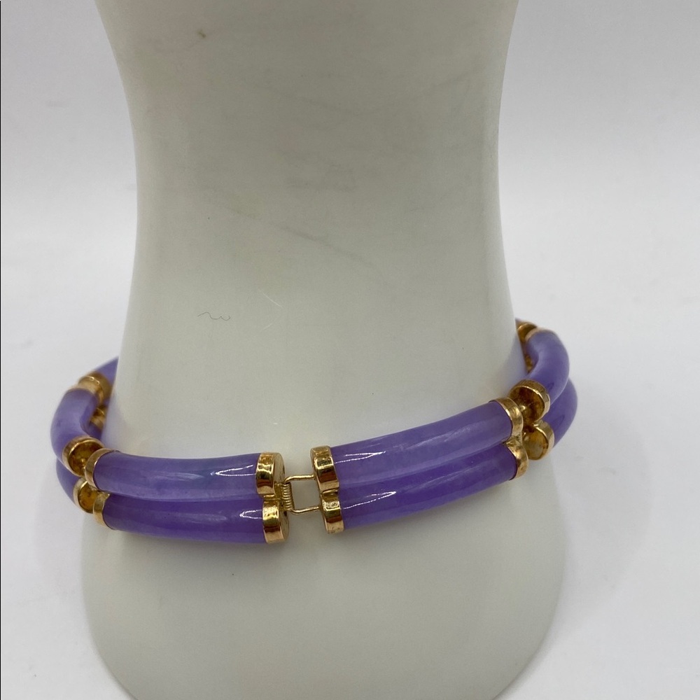 Vintage 14K Yellow Gold Double Row Good Fortune Lavender Jade Bracelet 8 1/4”L - Picture 8 of 8